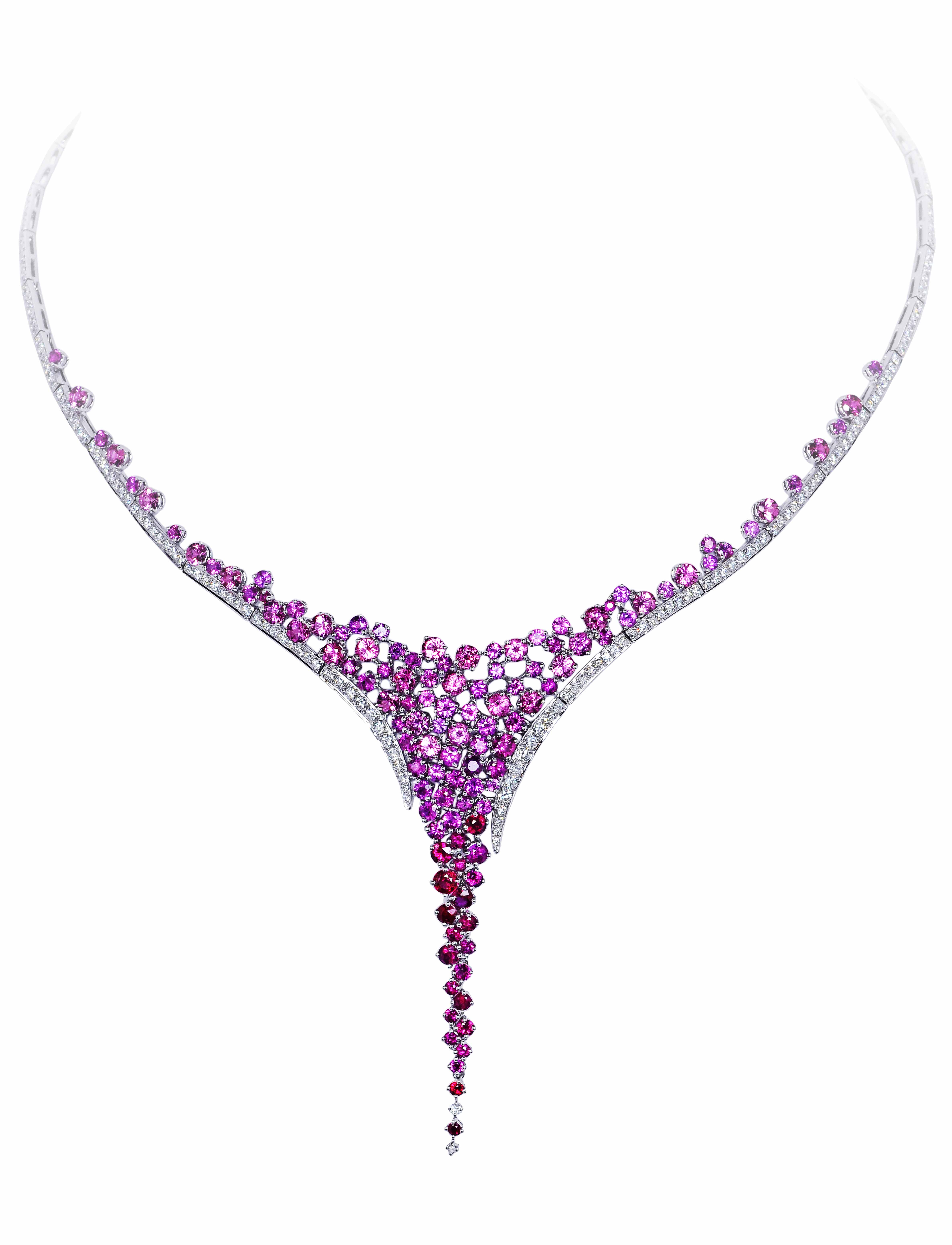 Contemporary Necklace With Rubies, Tourmalines, And Diamonds In 18k  White Gold.